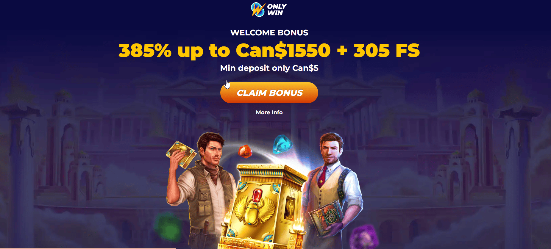 Bannière OnlyWin : bonus de bienvenue 385 % jusqu’à 1 550 $ CA + 305 tours gratuits, dépôt minimum de 5 $ CA.