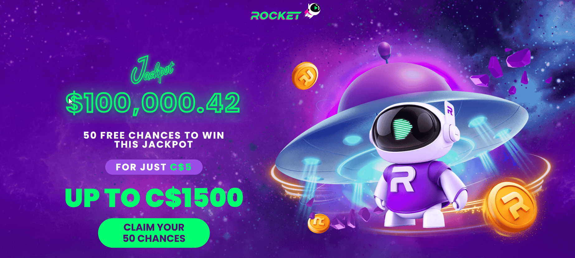 Bannière promotionnelle Rocket Casino : 50 chances gratuites de gagner le jackpot pour seulement 5 $ CA, jusqu’à 1 500 $ CA