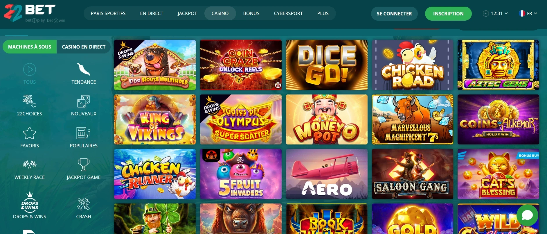 Interface du casino 22Bet montrant la section machines à sous avec des jeux populaires comme The Dog House Multihold, Chicken Road et Gates of Olympus