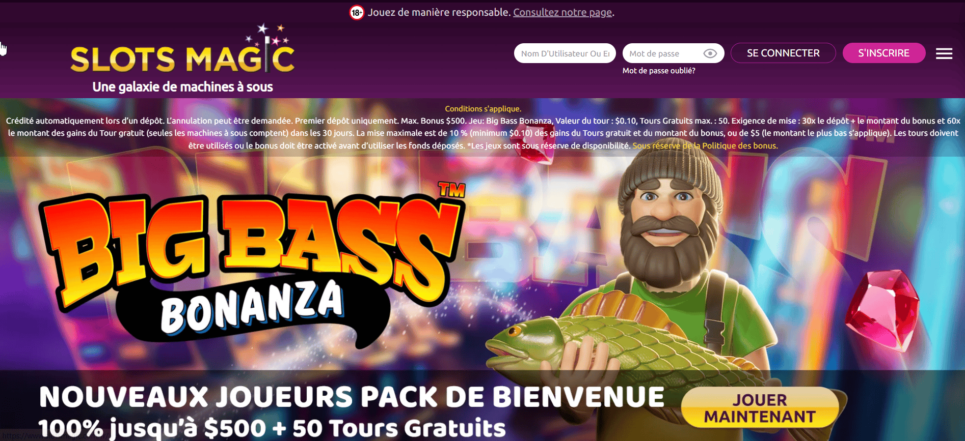 Bannière Slots Magic avec Big Bass Bonanza et bonus de bienvenue 100 % jusqu’à 500 $ + 50 tours gratuits
