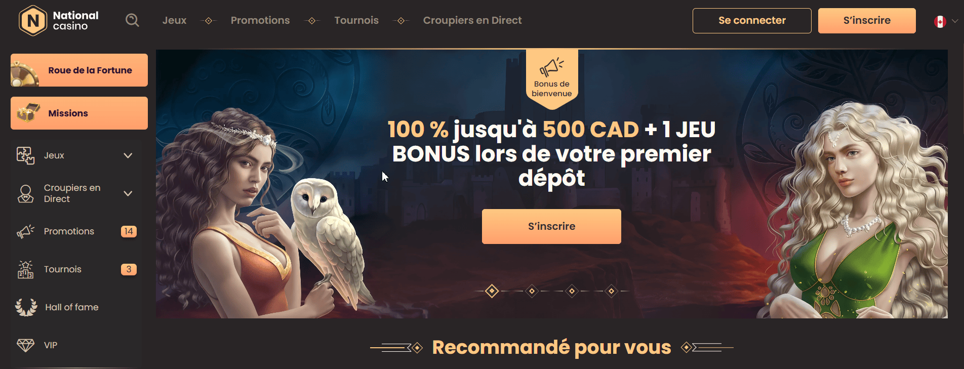 Bannière National Casino avec bonus de bienvenue 100 % jusqu’à 500 CAD + 1 jeu bonus
