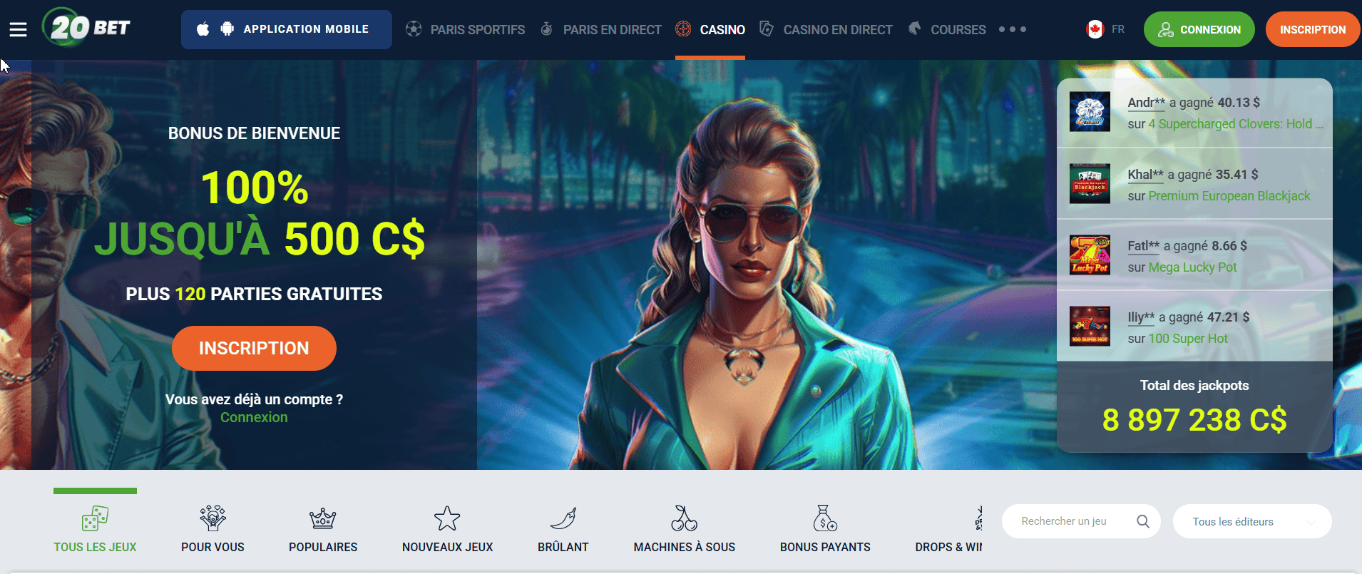 Bannière 20Bet casino avec bonus de bienvenue 100 % jusqu’à 500 C$ + 120 parties gratuites