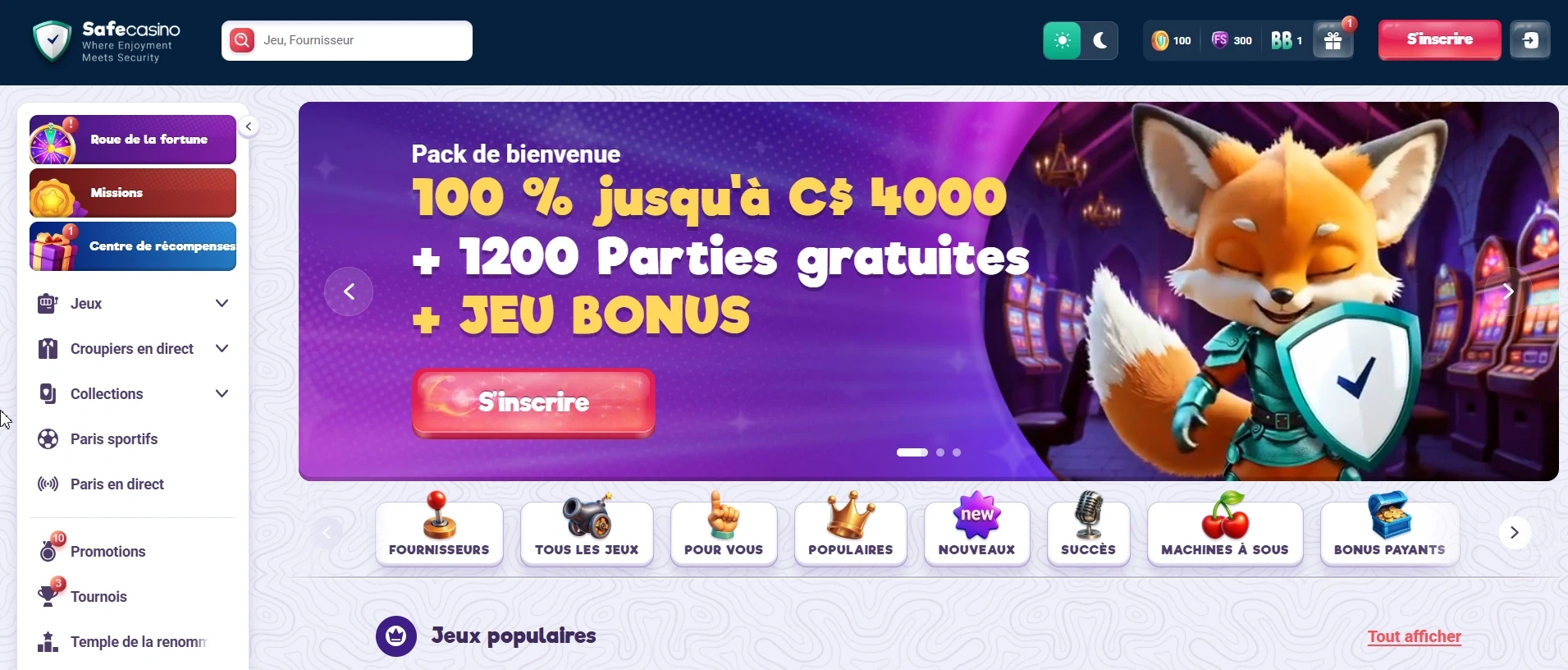 Page d'accueil de Safecasino affichant le pack de bienvenue de 100 % jusqu'à 4000 $ CA avec 1200 tours gratuits et un jeu bonus