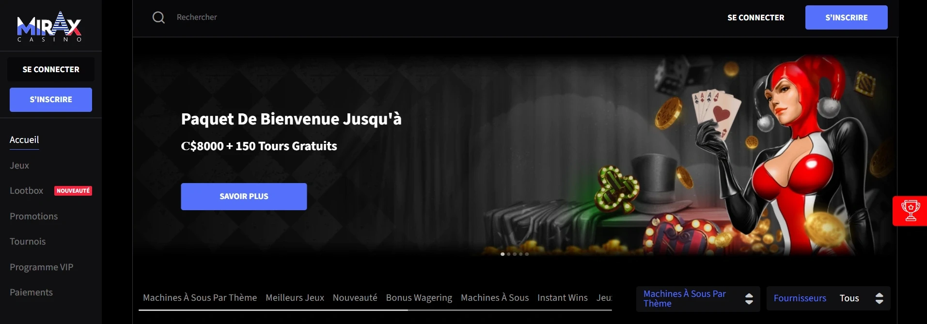 mage de la page d’accueil du casino en ligne Mirax